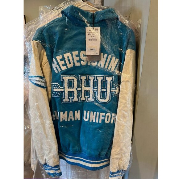 Zara X Rhuigi Leather Varsity Bomber Jacket Blue White NWT - Picture 8 of 13